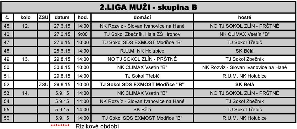 U.M. NK Holubice 52. ZSU 29.8.15 10:00 TJ Sokol SDS EXMOST Modřice "B" SK Bělá 53. 14. 5.9.15 14:00 NK CLIMAX Vsetín "B" NO TJ SOKOL ZLÍN - PRŠTNÉ 54. 5.9.15 14:00 NK Rozvíz - Slovan Ivanovice na Hané TJ Sokol Zbečník 55.