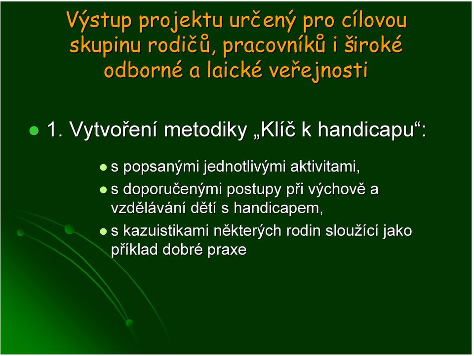 Vytvořen ení metodiky Klíč k handicapu : s popsanými jednotlivými aktivitami, s