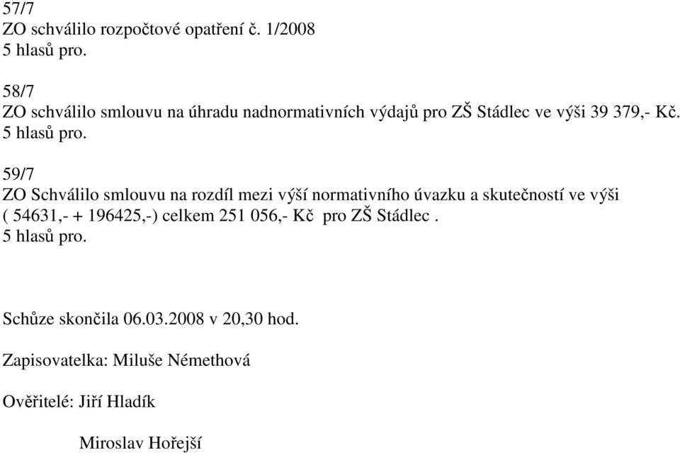 Kč. 59/7 ZO Schválilo smlouvu na rozdíl mezi výší normativního úvazku a skutečností ve výši (