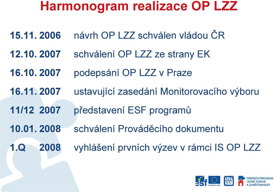 2007 ustavující zasedání Monitorovacího výboru 11/12 2007 představení ESF programů