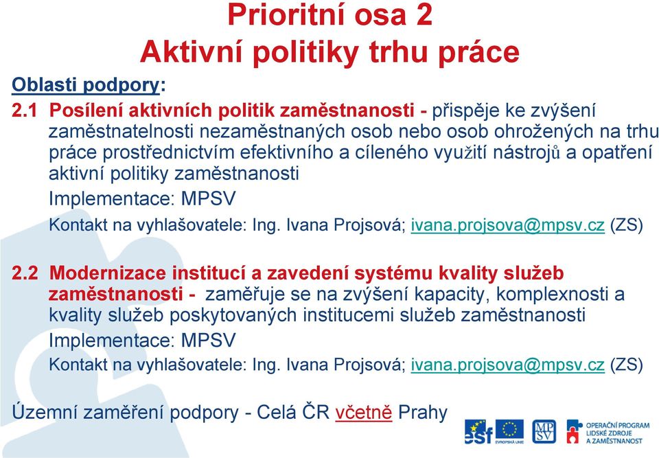 využití nástrojů a opatření aktivní politiky zaměstnanosti Implementace: MPSV Kontakt na vyhlašovatele: Ing. Ivana Projsová; ivana.projsova@mpsv.cz (ZS) 2.