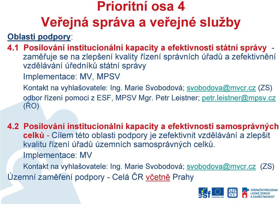 Implementace: MV, MPSV Kontakt na vyhlašovatele: Ing. Marie Svobodová; svobodova@mvcr.cz (ZS) odbor řízení pomoci z ESF, MPSV Mgr. Petr Leistner; petr.leistner@mpsv.cz (ŘO) 4.