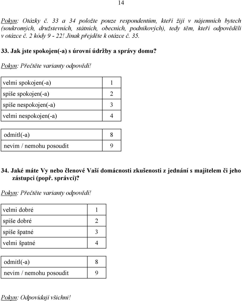 odpověděli v otázce č. 2 kódy 9-22! Jinak přejděte k otázce č. 35. 33. Jak jste spokojen(-a) s úrovní údržby a správy domu?