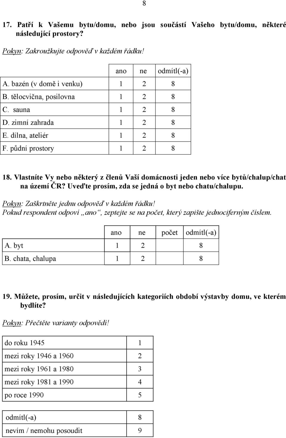 Vlastníte Vy nebo některý z členů Vaší domácnosti jeden nebo více bytů/chalup/chat na území ČR? Uveďte prosím, zda se jedná o byt nebo chatu/chalupu. Pokyn: Zaškrtněte jednu odpověď v každém řádku!