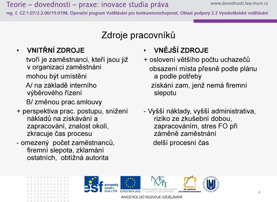 postupu, snížení nákladů na získávání a zapracování, znalost okolí, zkracuje čas procesu - omezený počet zaměstnanců, firemní slepota, zklamání ostatních,