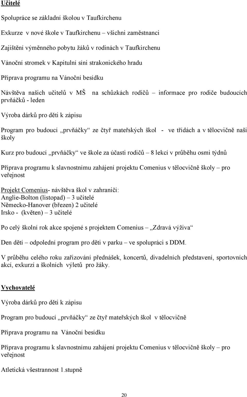 budoucí prvňáčky ze čtyř mateřských škol - ve třídách a v tělocvičně naší školy Kurz pro budoucí prvňáčky ve škole za účasti rodičů 8 lekcí v průběhu osmi týdnů Příprava programu k slavnostnímu