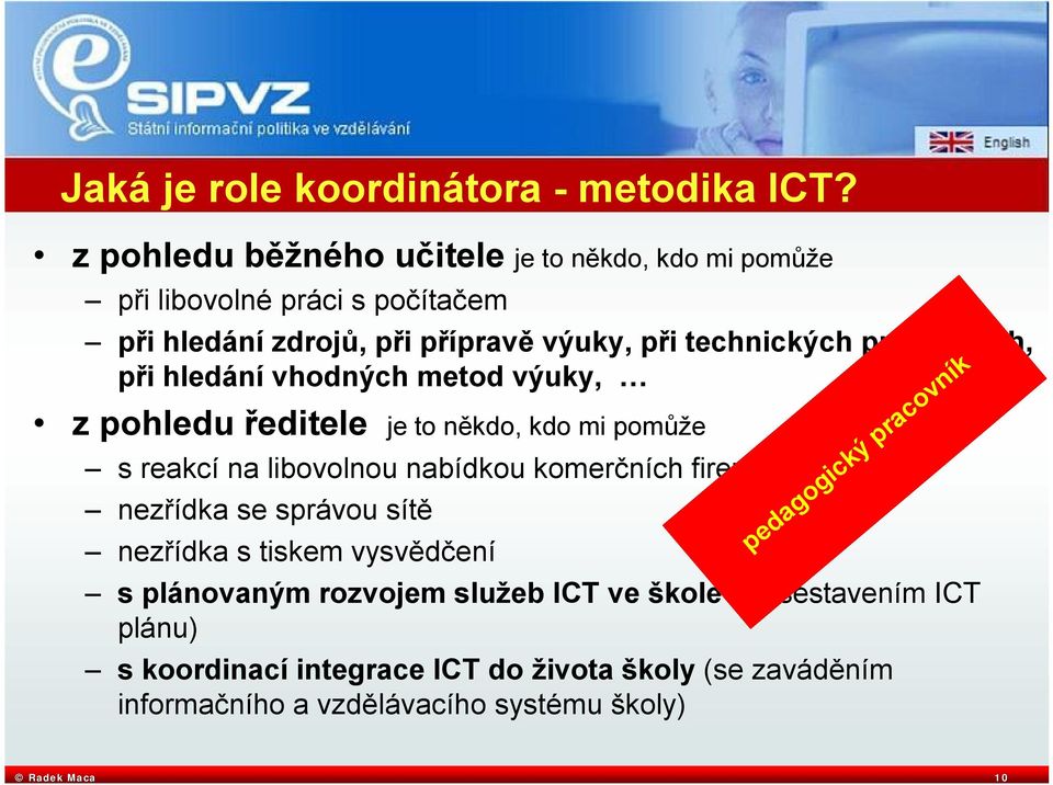 problémech, při hledání vhodných metod výuky, z pohledu ředitele je to někdo, kdo mi pomůže s reakcí na libovolnou nabídkou komerčních firem ohledně