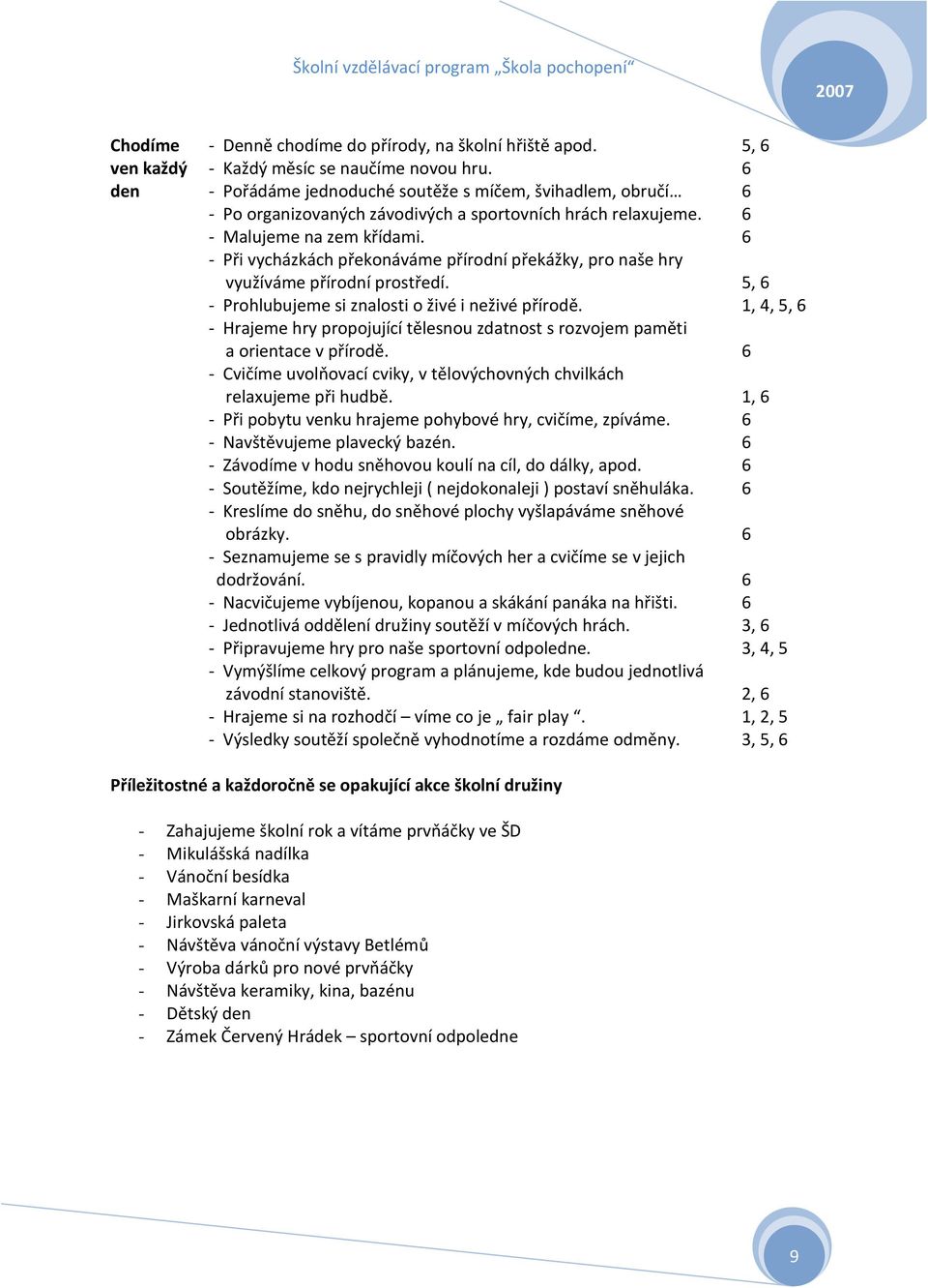 6 - Při vycházkách překonáváme přírodní překážky, pro naše hry využíváme přírodní prostředí. 5, 6 - Prohlubujeme si znalosti o živé i neživé přírodě.