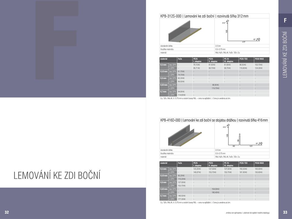 - 3 5 177 F LEMOVÁNÍ KE DI BOČNÍ KPB-416D-000 Lemování ke zdi boční se stojatou drážkou rozvinutá šířka 416 mm 3 5 R 60 121 LEMOVÁNÍ KE DI BOČNÍ Fen I 0,5 mm bez DPH - 123, Kč 127,00 Kč 127,00 Kč 0,