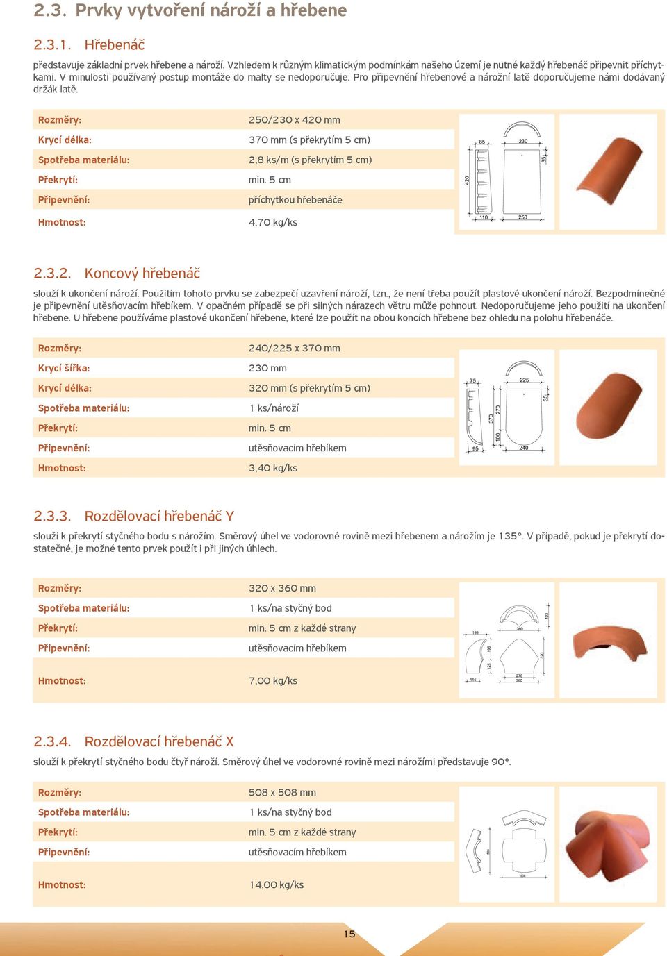 Krycí délka: Překrytí: Připevnění: Hmotnost: 250/230 x 420 mm 370 mm (s překrytím 5 cm) 2,8 ks/m (s překrytím 5 cm) min. 5 cm příchytkou hřebenáče 4,70 kg/ks 2.3.2. Koncový hřebenáč slouží k ukončení nároží.