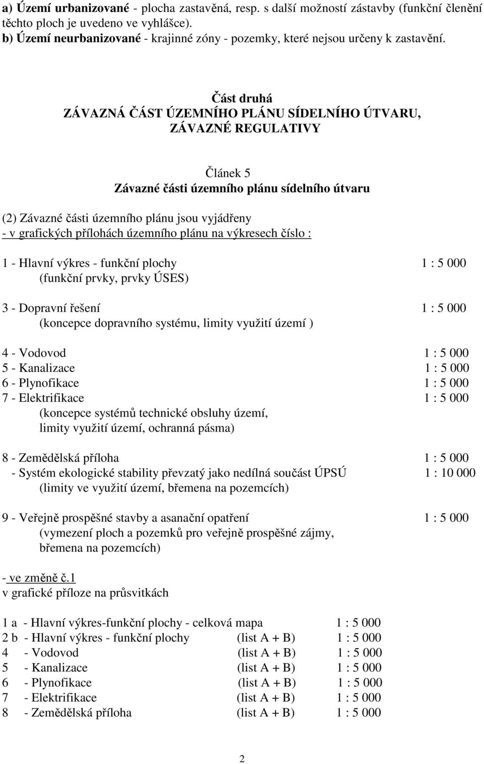 Část druhá ZÁVAZNÁ ČÁST ÚZEMNÍHO PLÁNU SÍDELNÍHO ÚTVARU, ZÁVAZNÉ REGULATIVY Článek 5 Závazné části územního plánu sídelního útvaru (2) Závazné části územního plánu jsou vyjádřeny - v grafických