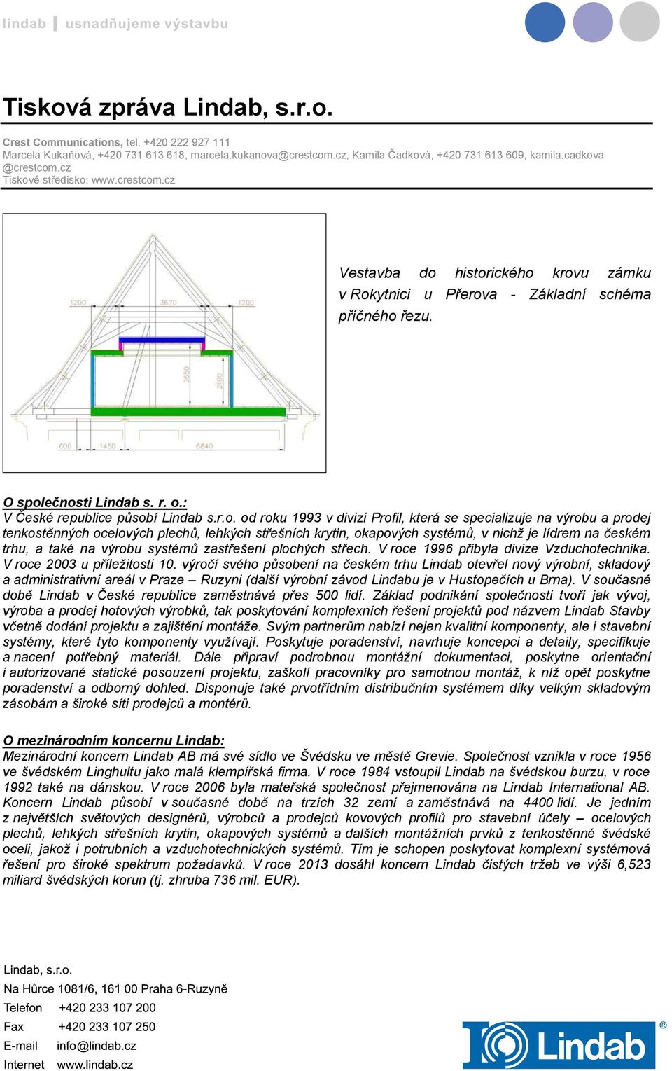 ečnosti Lindab s. r. o.: V České republice působí Lindab s.r.o. od roku 1993 v divizi Profil, která se specializuje na výrobu a prodej tenkostěnných ocelových plechů, lehkých střešních krytin,