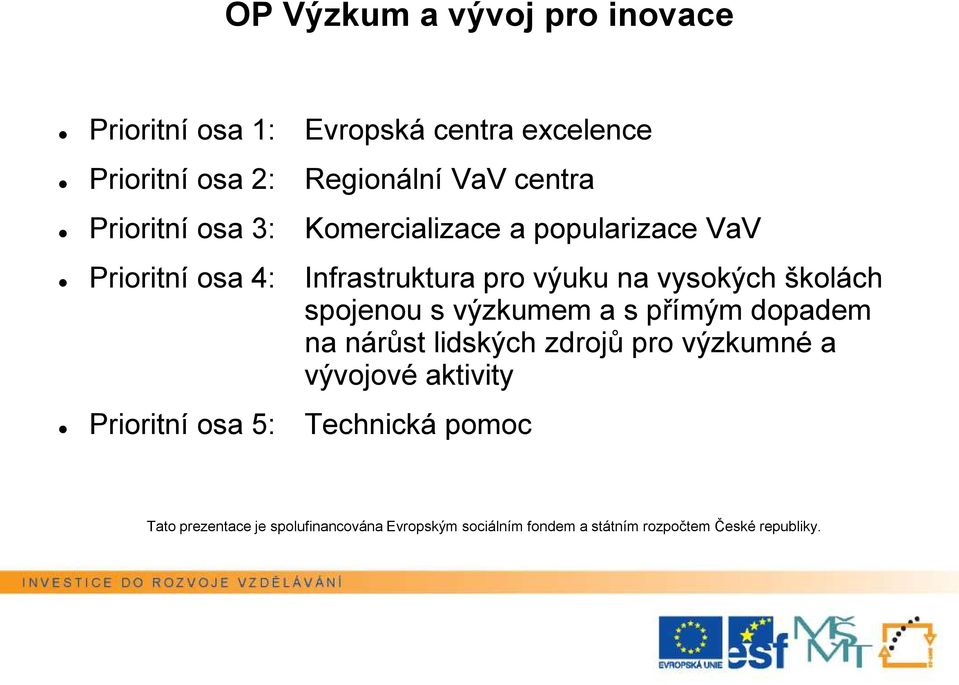 osa 4: Infrastruktura pro výuku na vysokých školách spojenou s výzkumem a s přímým