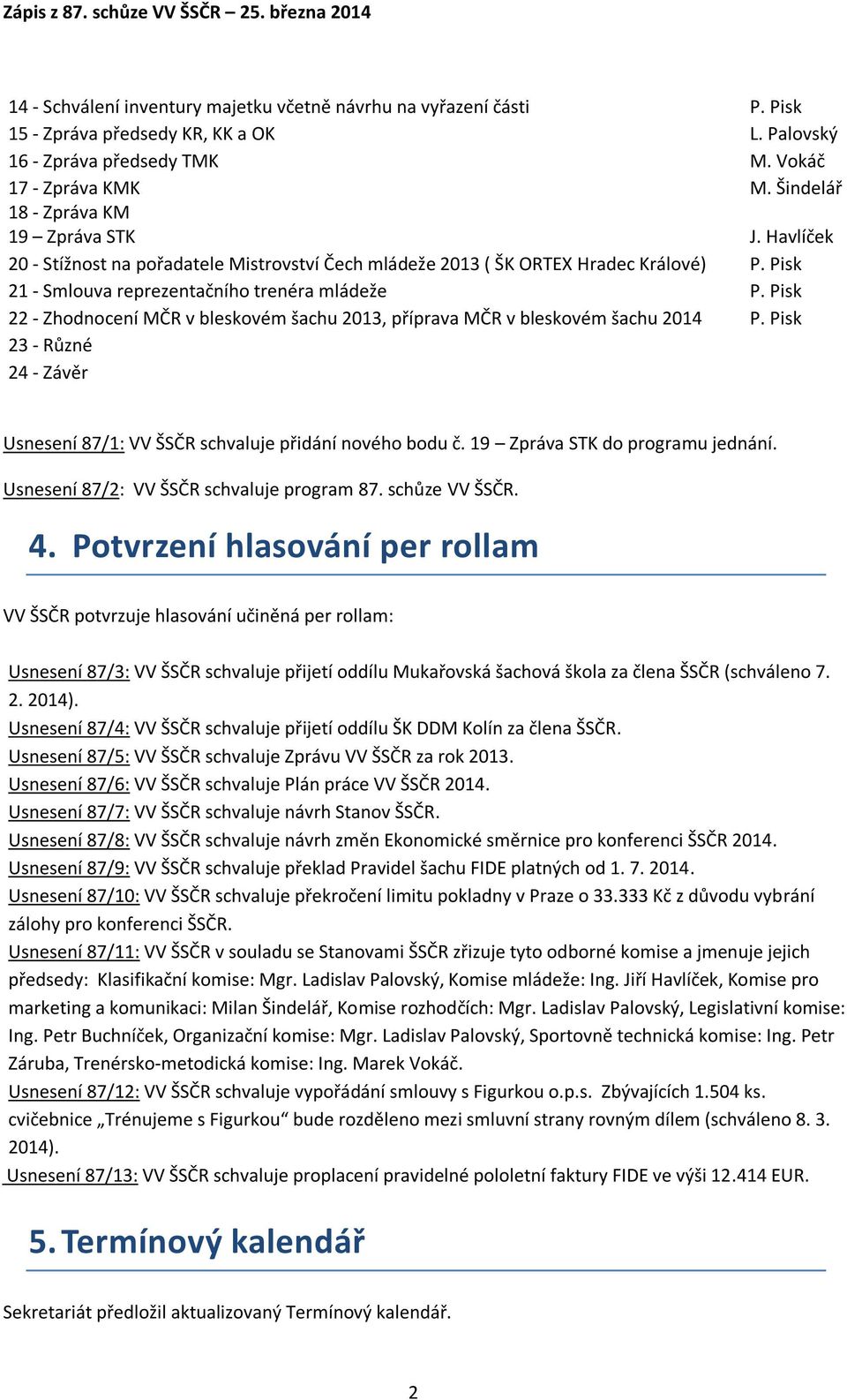 Pisk 22 - Zhodnocení MČR v bleskovém šachu 2013, příprava MČR v bleskovém šachu 2014 P. Pisk 23 - Různé 24 - Závěr Usnesení 87/1: VV ŠSČR schvaluje přidání nového bodu č.