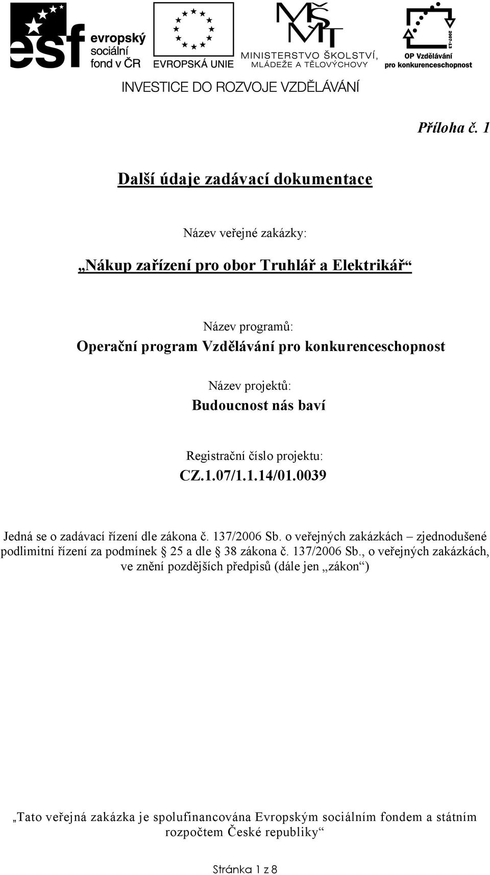 Operační program Vzdělávání pro konkurenceschopnost Název projektů: Budoucnost nás baví Registrační číslo projektu: CZ.1.07/1.