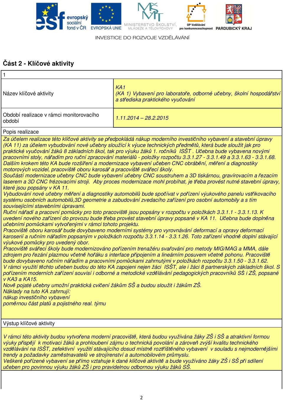 14 28.2.2015 Popis realizace Za účelem realizace této klíčové aktivity se předpokládá nákup moderního investičního vybavení a stavební úpravy (KA 11) za účelem vybudování nové učebny sloužící k výuce