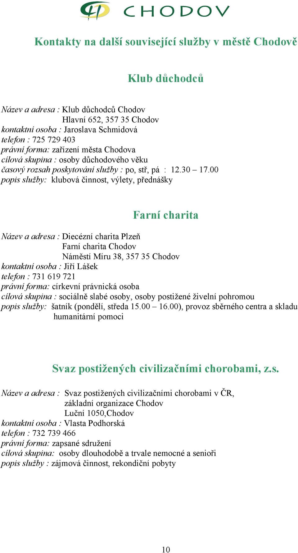 00 popis služby: klubová činnost, výlety, přednášky Farní charita Název a adresa : Diecézní charita Plzeň Farní charita Chodov Náměstí Míru 38, 357 35 Chodov kontaktní osoba : Jiří Lášek telefon :