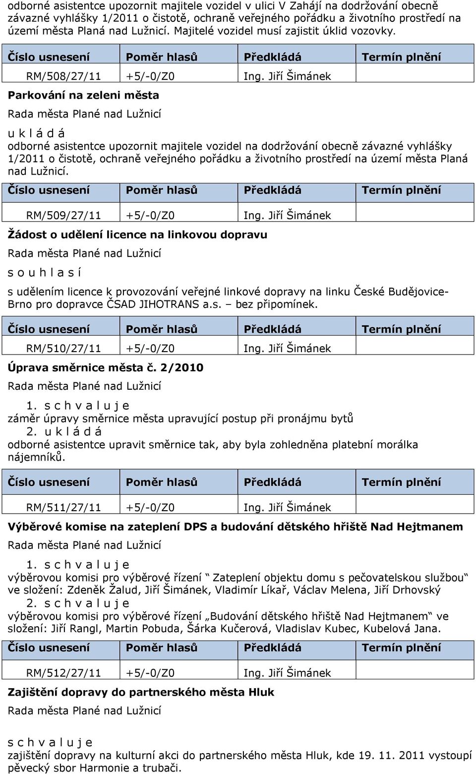 Jiří Šimánek Parkování na zeleni města odborné asistentce upozornit majitele vozidel na dodržování obecně závazné vyhlášky 1/2011 o čistotě, ochraně veřejného pořádku a životního prostředí na území