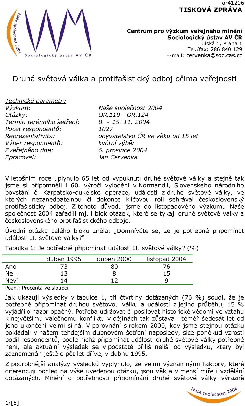 2004 Počet respondentů: 1027 Reprezentativita: obyvatelstvo ČR ve věku od 15 let Výběr respondentů: kvótní výběr Zveřejněno dne: 6.