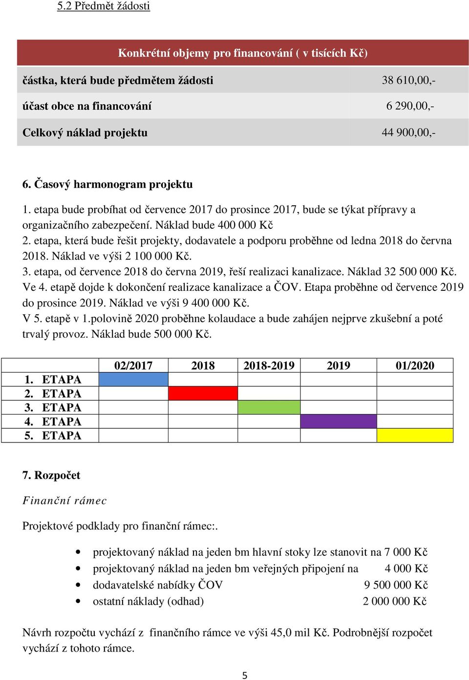 etapa, která bude řešit projekty, dodavatele a podporu proběhne od ledna 2018 do června 2018. Náklad ve výši 2 100 000 Kč. 3. etapa, od července 2018 do června 2019, řeší realizaci kanalizace.