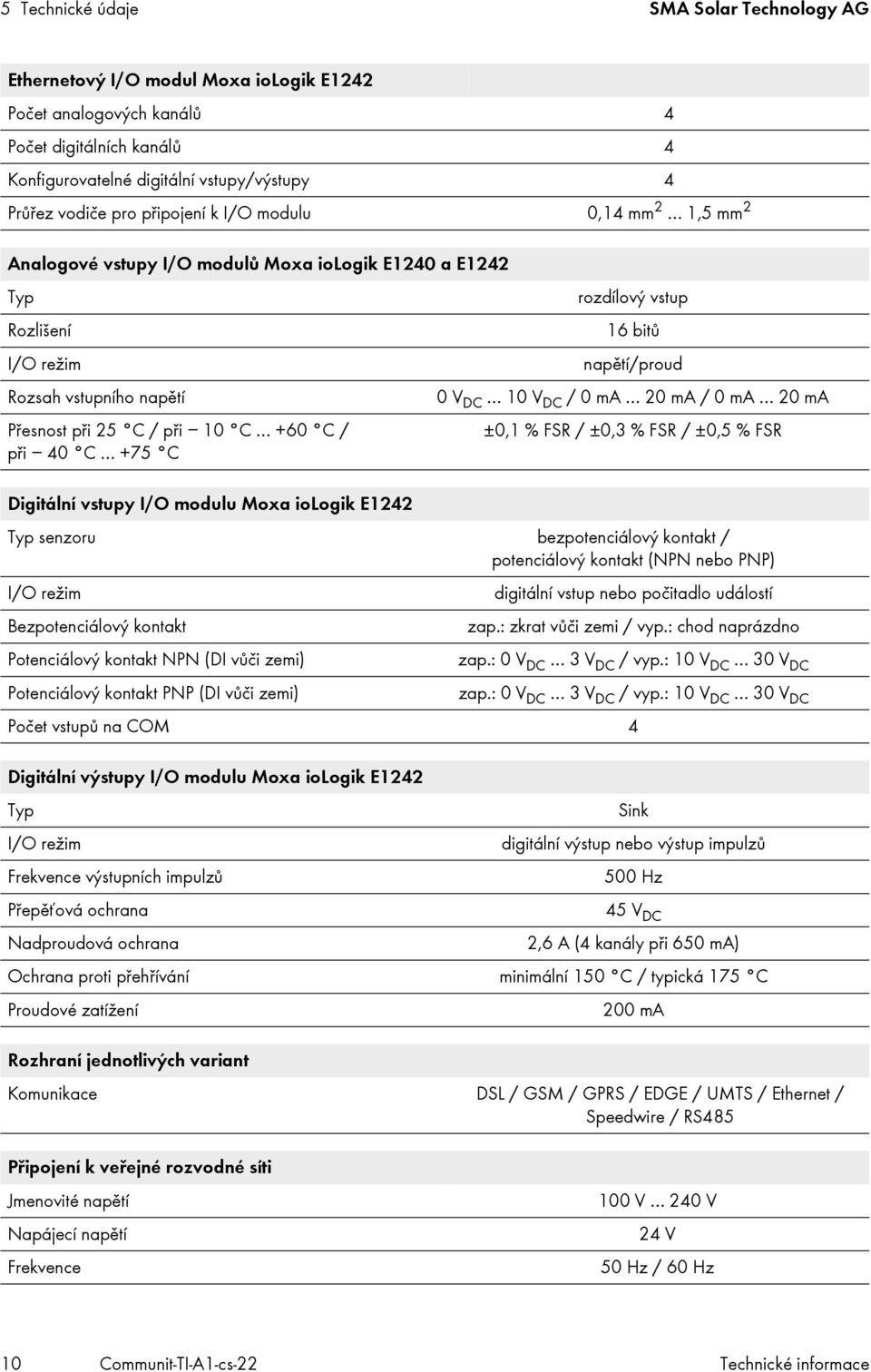 0 ma 20 ma / 0 ma 20 ma Přesnost při 25 C / při 10 C +60 C / ±0,1 % FSR / ±0,3 % FSR / ±0,5 % FSR při 40 C +75 C Digitální vstupy I/O modulu Moxa iologik E1242 Typ senzoru bezpotenciálový kontakt /