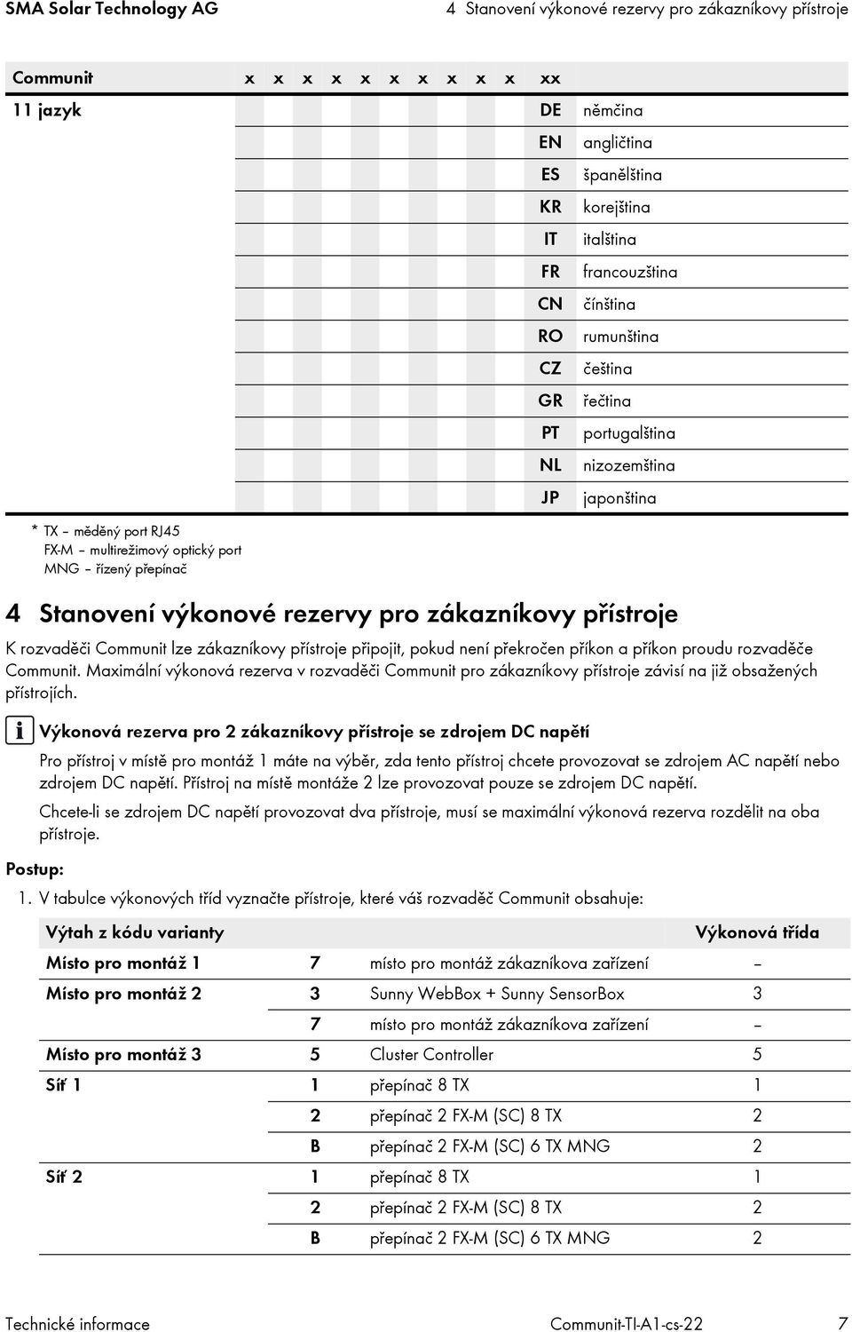 Maximální výkonová rezerva v rozvaděči Communit pro zákazníkovy přístroje závisí na již obsažených přístrojích. Postup: 1.