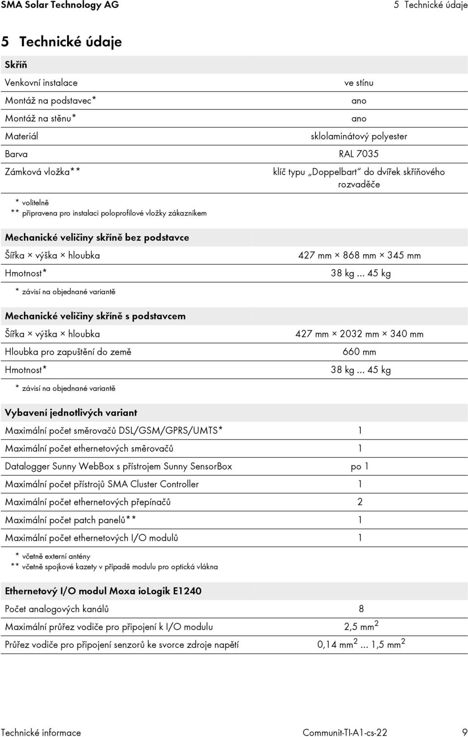 Hmotnost* 427 mm 868 mm 345 mm 38 kg 45 kg * závisí na objednané variantě Mechanické veličiny skříně s podstavcem Šířka výška hloubka Hloubka pro zapuštění do země Hmotnost* 427 mm 2032 mm 340 mm 660