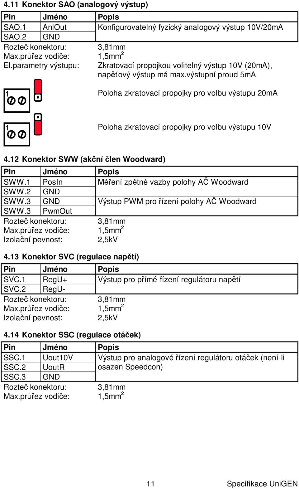 výstupní proud 5mA Poloha zkratovací propojky pro volbu výstupu 20mA Poloha zkratovací propojky pro volbu výstupu 10V 4.12 Konektor SWW (ak ní len Woodward) Pin Jméno Popis SWW.
