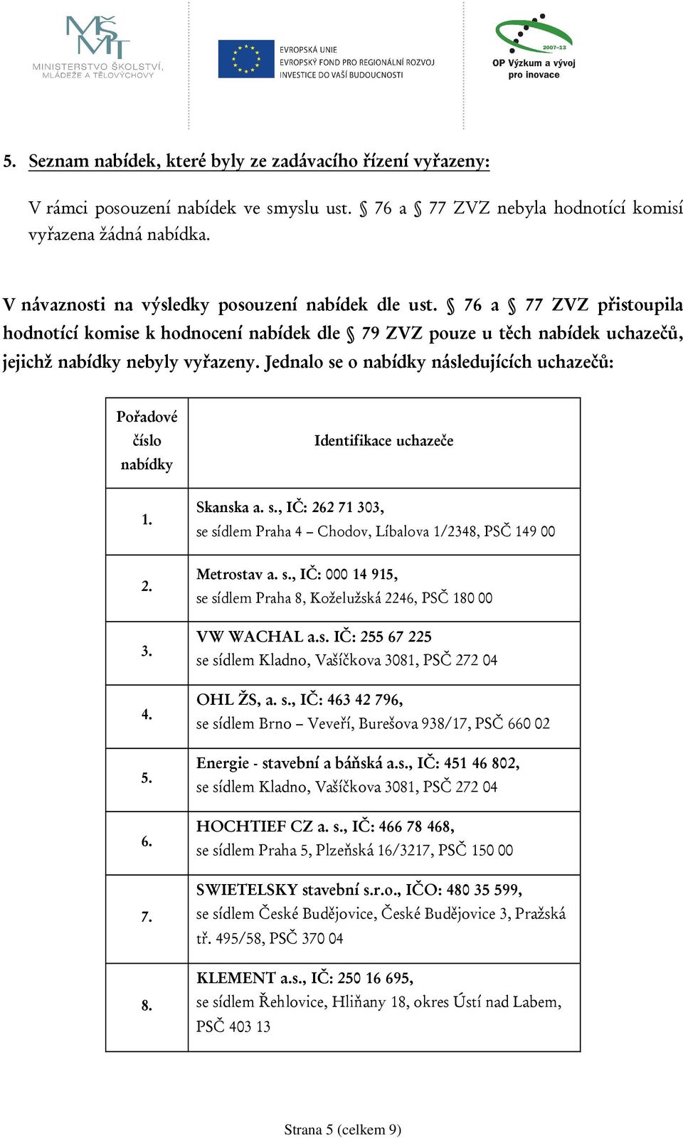 Jednalo se o nabídky následujících uchazečů: Pořadové číslo nabídky Identifikace uchazeče 1. Skanska a. s., IČ: 262 71 303, se sídlem Praha 4 Chodov, Líbalova 1/2348, PSČ 149 00 2. 3. 4. 5. 6. 7. 8.