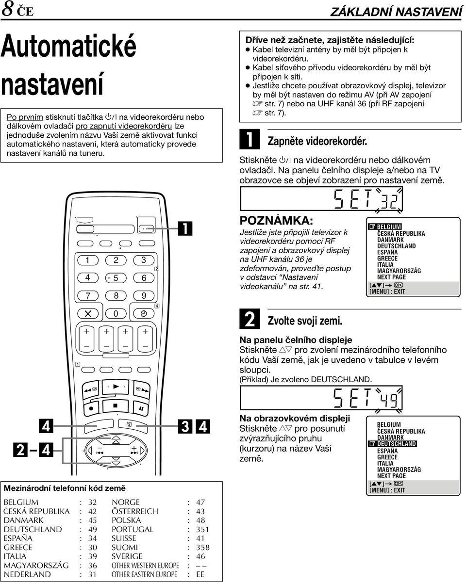 Kabel sí ového přívodu videorekordéru by měl být připojen k síti. Jestliže chcete používat obrazovkový displej, televizor by měl být nastaven do režimu AV (při AV zapojení str.