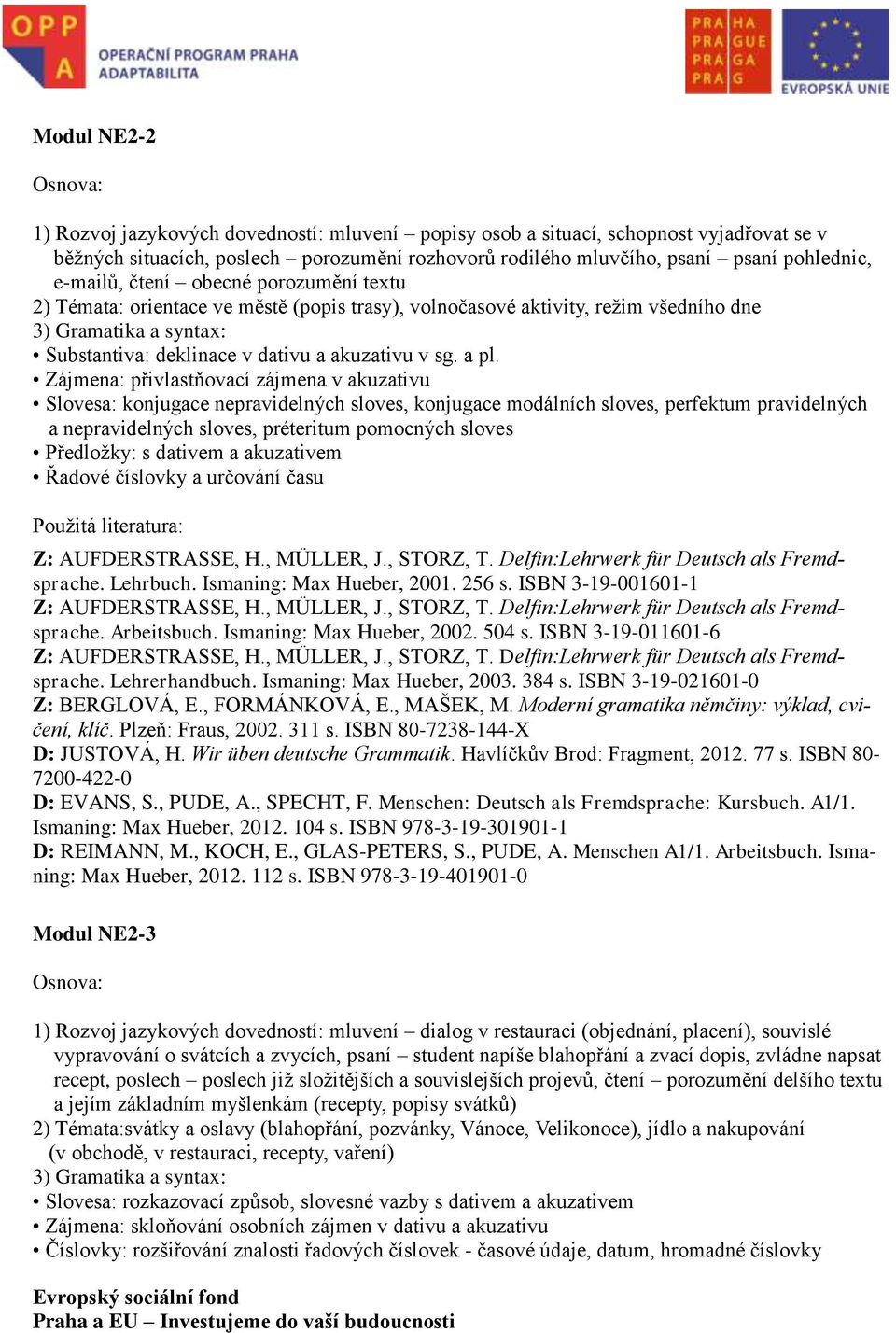 Zájmena: přivlastňovací zájmena v akuzativu Slovesa: konjugace nepravidelných sloves, konjugace modálních sloves, perfektum pravidelných a nepravidelných sloves, préteritum pomocných sloves