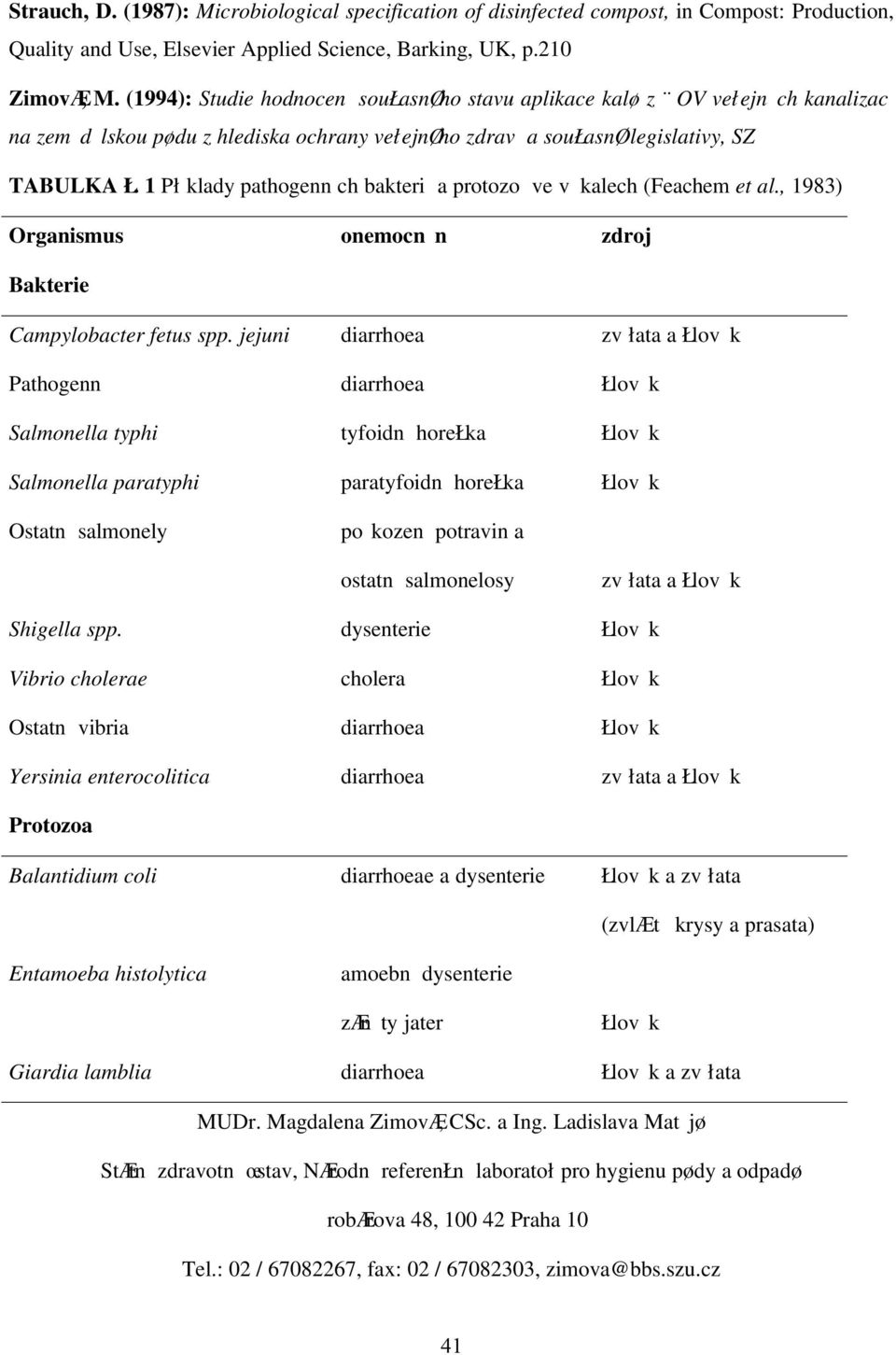 1 Pł klady pathogenn ch bakteri a protozo ve v kalech (Feachem et al., 1983) Organismus onemocn n zdroj Bakterie Campylobacter fetus spp.