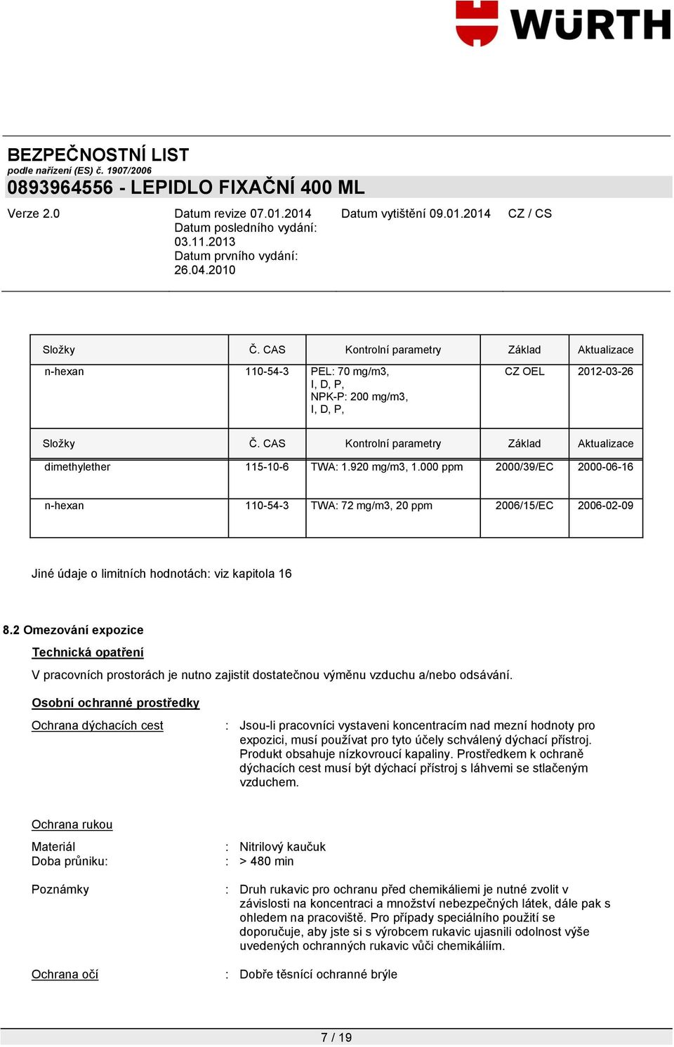 000 ppm 2000/39/EC 2000-06-16 110-54-3 TWA: 72 mg/m3, 20 ppm 2006/15/EC 2006-02-09 Jiné údaje o limitních hodnotách: viz kapitola 16 8.
