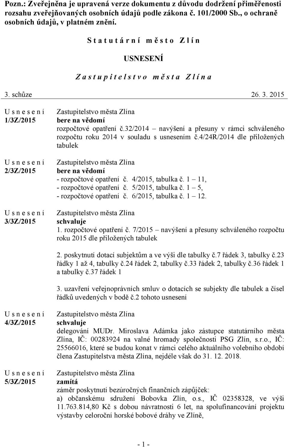 32/2014 navýšení a přesuny v rámci schváleného rozpočtu roku 2014 v souladu s usnesením č.4/24r/2014 dle přiložených tabulek bere na vědomí - rozpočtové opatření č. 4/2015, tabulka č.