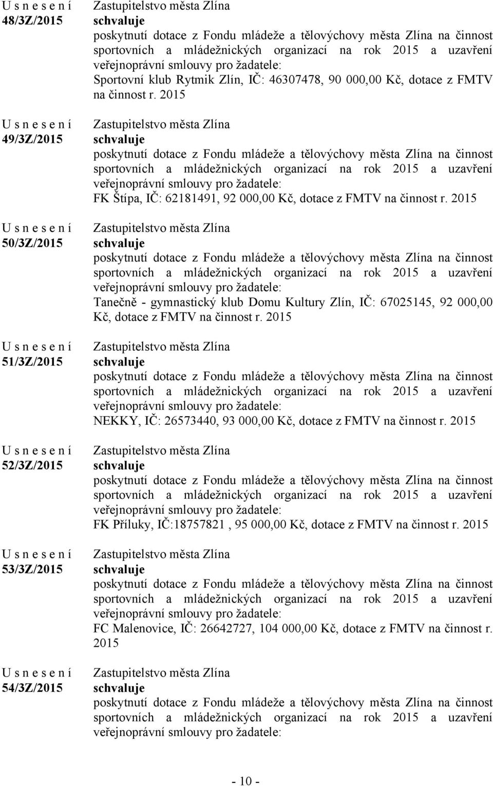 2015 Tanečně - gymnastický klub Domu Kultury Zlín, IČ: 67025145, 92 000,00 Kč, dotace z FMTV na činnost r.