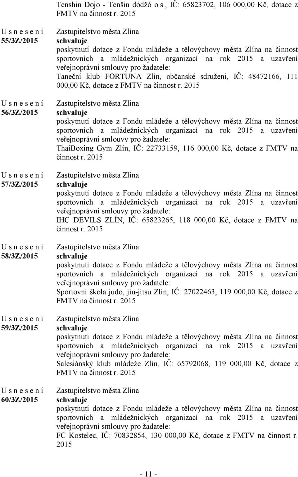 2015 ThaiBoxing Gym Zlín, IČ: 22733159, 116 000,00 Kč, dotace z FMTV na činnost r. 2015 IHC DEVILS ZLÍN, IČ: 65823265, 118 000,00 Kč, dotace z FMTV na činnost r.