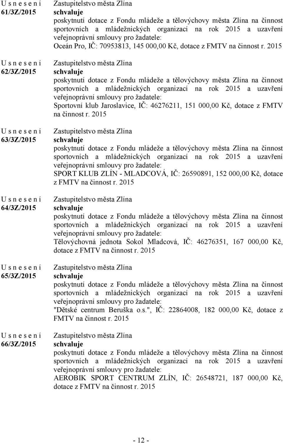 2015 SPORT KLUB ZLÍN - MLADCOVÁ, IČ: 26590891, 152 000,00 Kč, dotace z FMTV na činnost r.