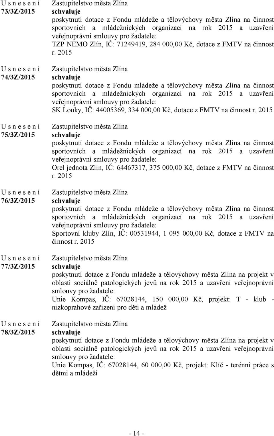 2015 Sportovní kluby Zlín, IČ: 00531944, 1 095 000,00 Kč, dotace z FMTV na činnost r.