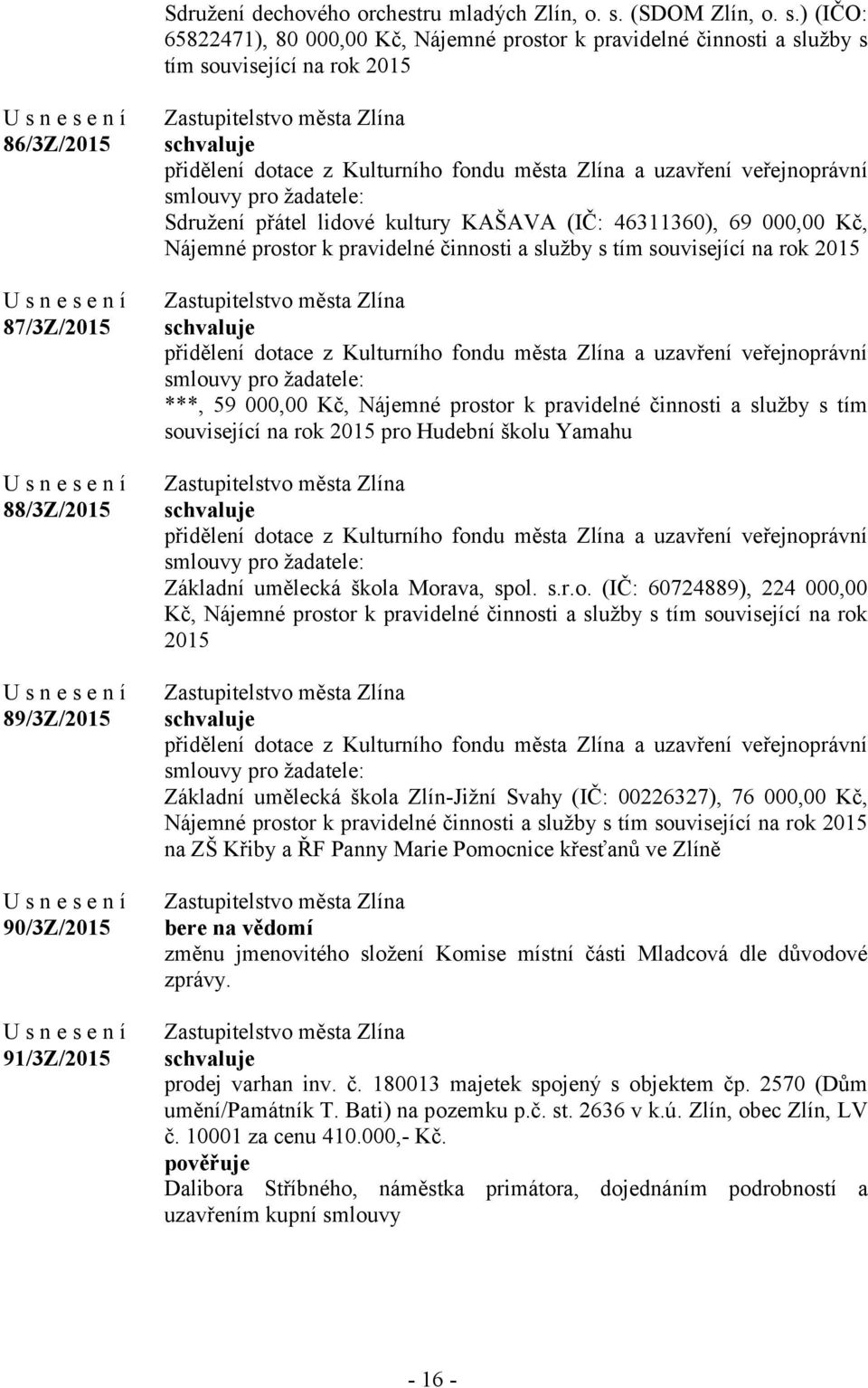 ) (IČO: 65822471), 80 000,00 Kč, Nájemné prostor k pravidelné činnosti a služby s tím související na rok 2015 86/3Z/2015 87/3Z/2015 88/3Z/2015 89/3Z/2015 90/3Z/2015 91/3Z/2015 přidělení dotace z