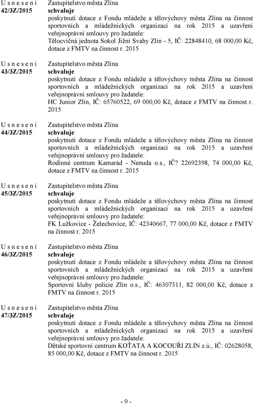 2015 FK Lužkovice - Želechovice, IČ: 42340667, 77 000,00 Kč, dotace z FMTV na činnost r. 2015 Sportovní kluby policie Zlín o.s., IČ: 46307311, 82 000,00 Kč, dotace z FMTV na činnost r.