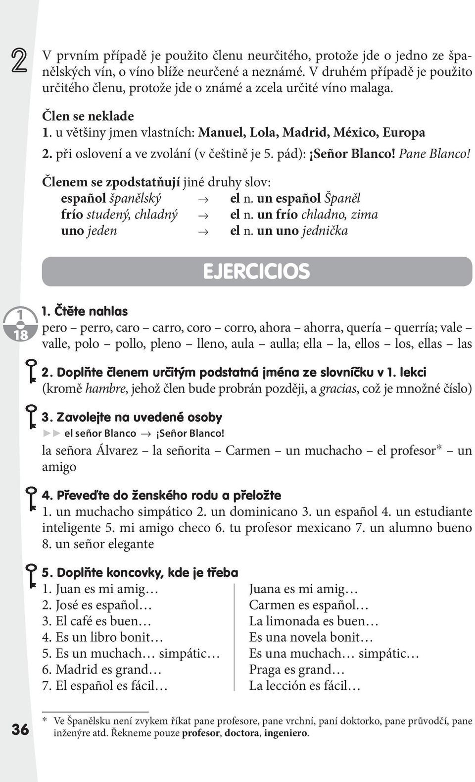 při oslovení a ve zvolání (v češtině je 5. pád): Señor Blanco! Pane Blanco! Členem se zpodstatňují jiné druhy slov: español španělský el n. un español Španěl frío studený, chladný el n.