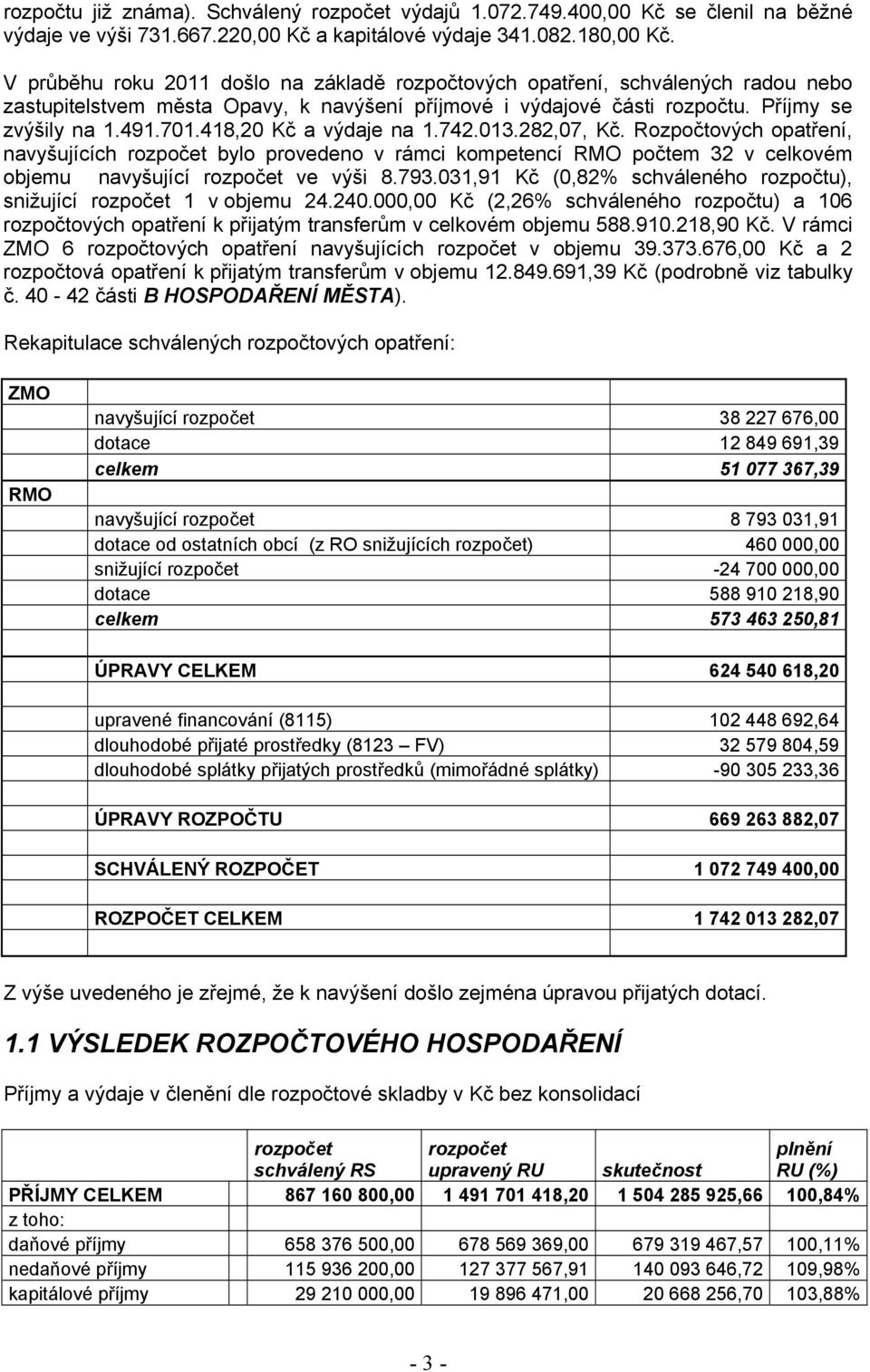 418,20 Kč a výdaje na 1.742.013.282,07, Kč. Rozpočtových opatření, navyšujících bylo provedeno v rámci kompetencí RMO počtem 32 v celkovém objemu navyšující ve výši 8.793.
