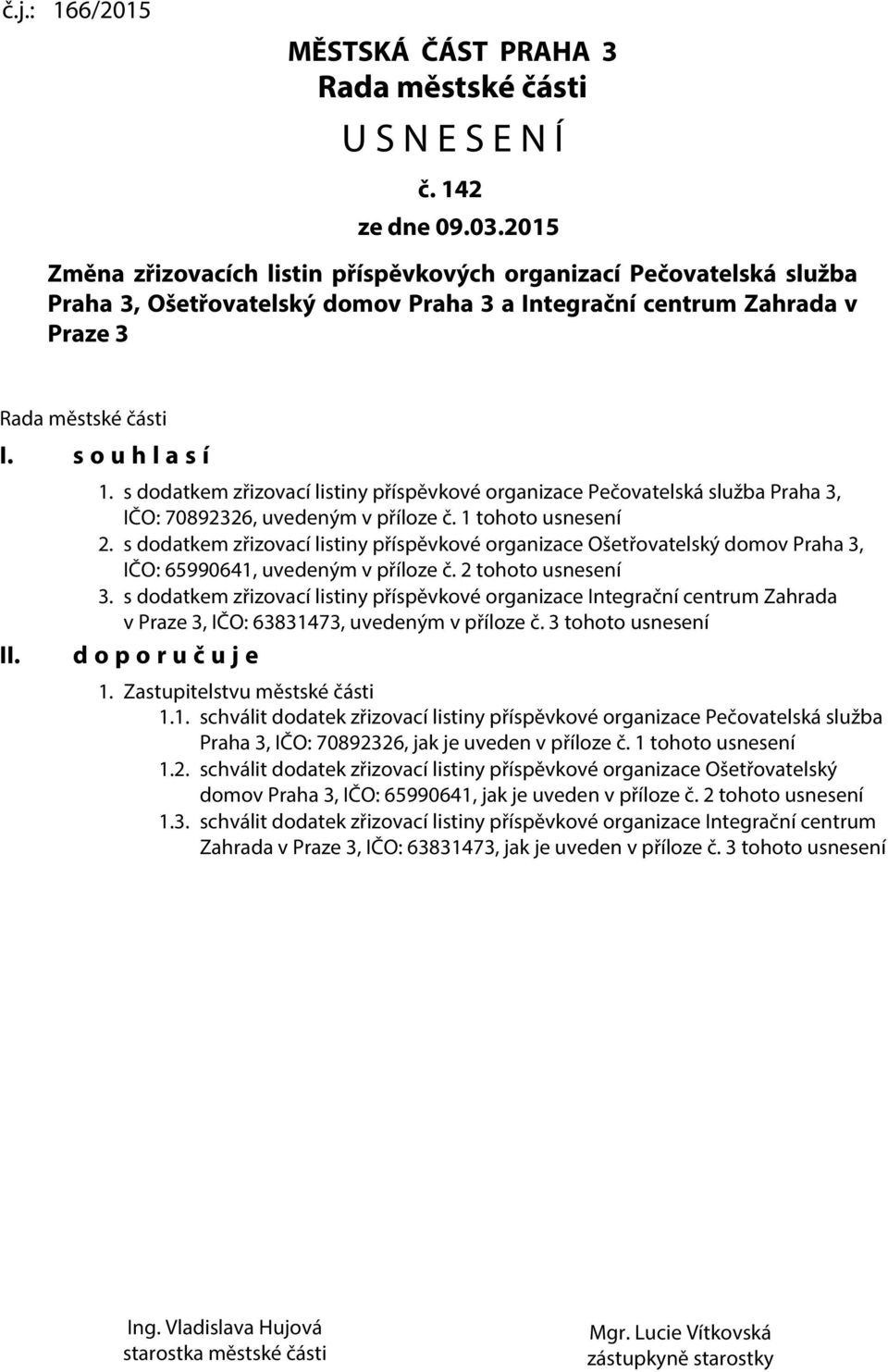 s dodatkem zřizovací listiny příspěvkové organizace Pečovatelská služba Praha 3, IČO: 70892326, uvedeným v příloze č. 1 tohoto usnesení 2.