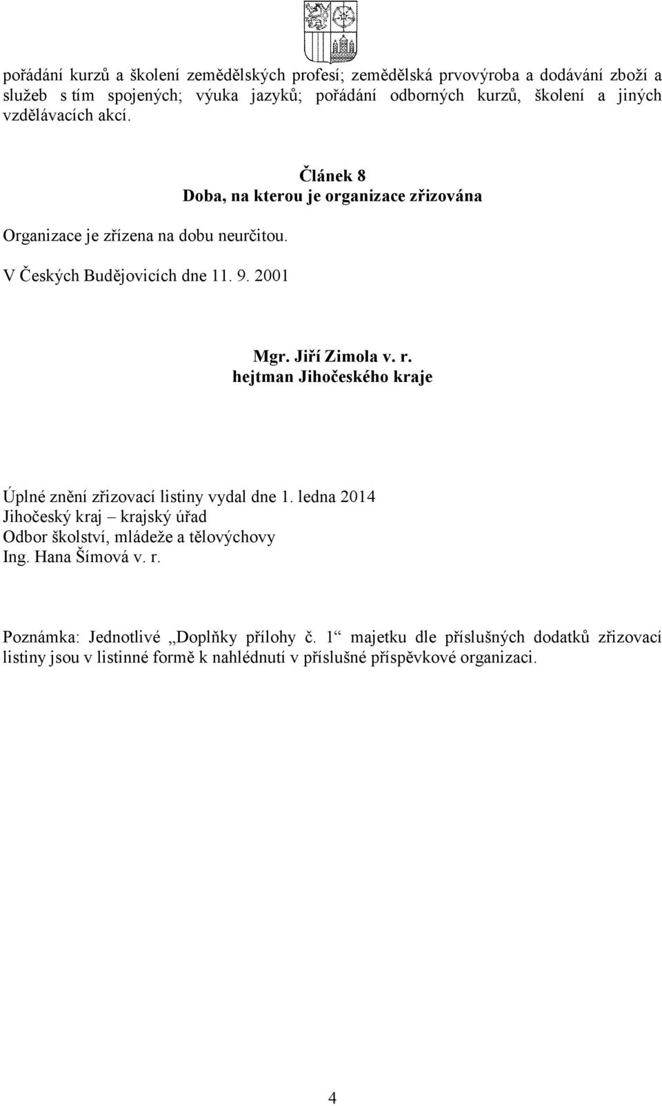 r. hejtman Jihočeského kraje Úplné znění zřizovací listiny vydal dne 1. ledna 2014 Jihočeský kraj krajský úřad Odbor školství, mládeže a tělovýchovy Ing. Hana Šímová v.