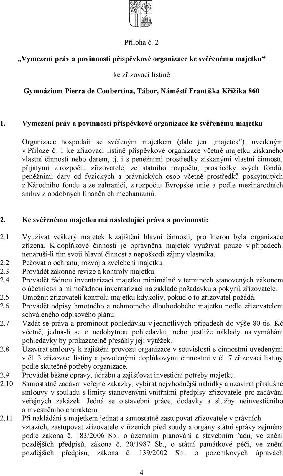 1 ke zřizovací listině příspěvkové organizace včetně majetku získaného vlastní činností nebo darem, tj.