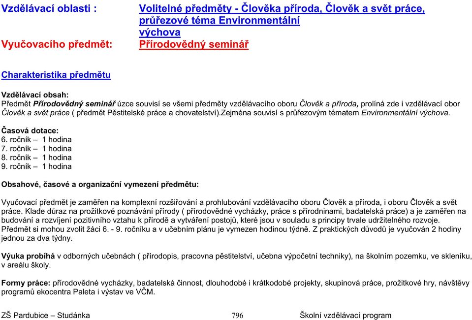 zejména souvisí s prezovým tématem Environmentální výchova. asová dotace: 6. roník 1 hodina 7. roník 1 hodina 8. roník 1 hodina 9.