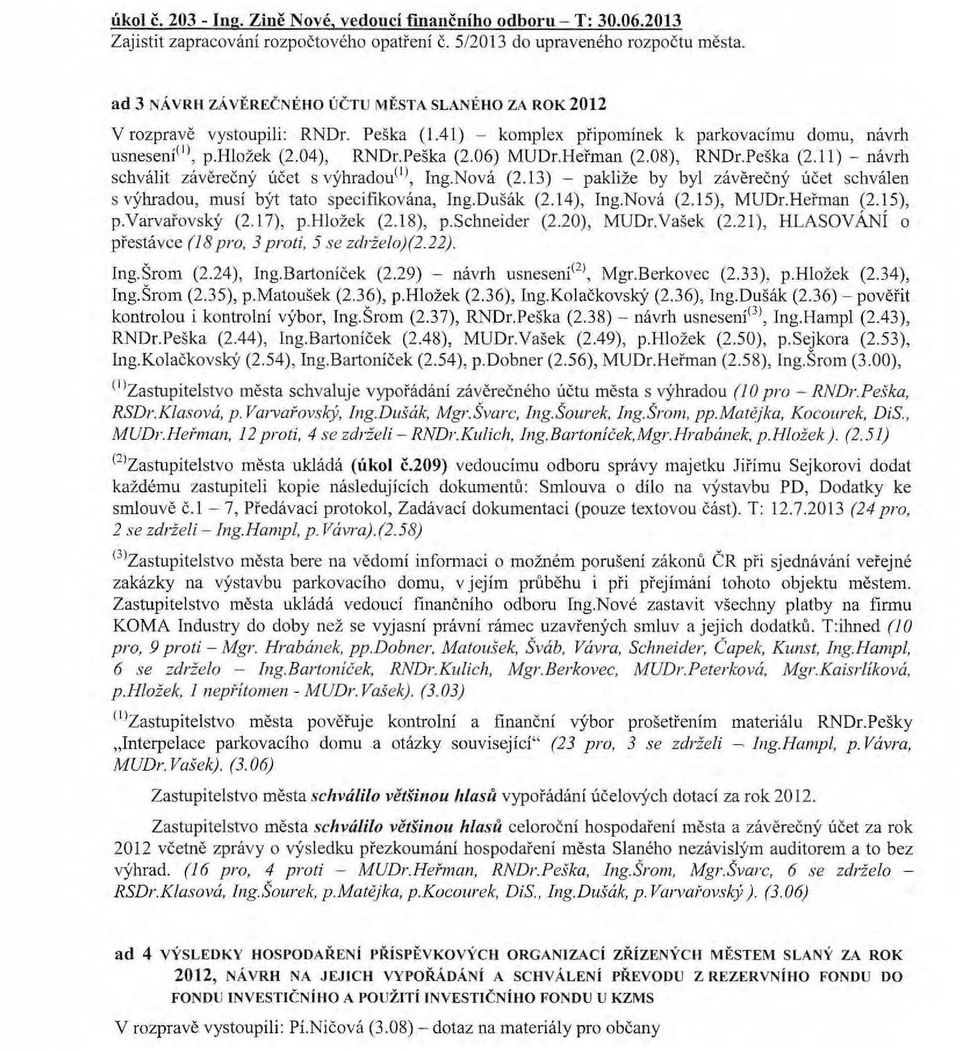 Heřman (2.08), RNDr.Peška (2.11)- návrh schválit závěrečný účet s výhradou(!)' Ing.Nová (2.13) - pakliže by byl závěrečný účet schválen s výhradou, musí být tato speciftkována, lng.dušák (2.14), Tng.