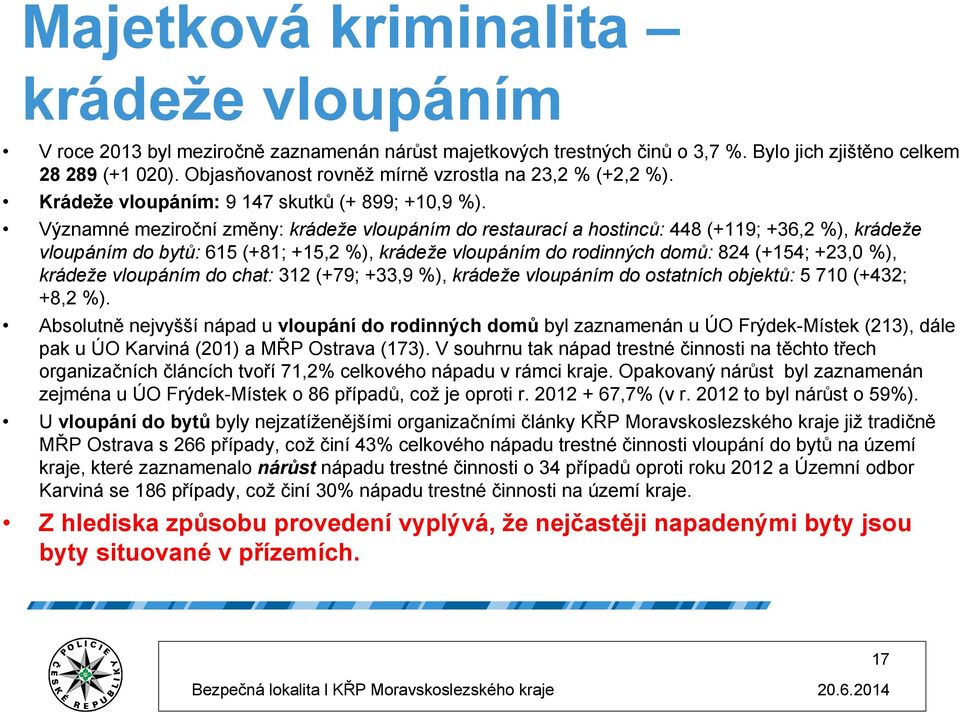 Významné meziroční změny: krádeže vloupáním do restaurací a hostinců: 448 (+119; +36,2 %), krádeže vloupáním do bytů: 615 (+81; +15,2 %), krádeže vloupáním do rodinných domů: 824 (+154; +23, %),