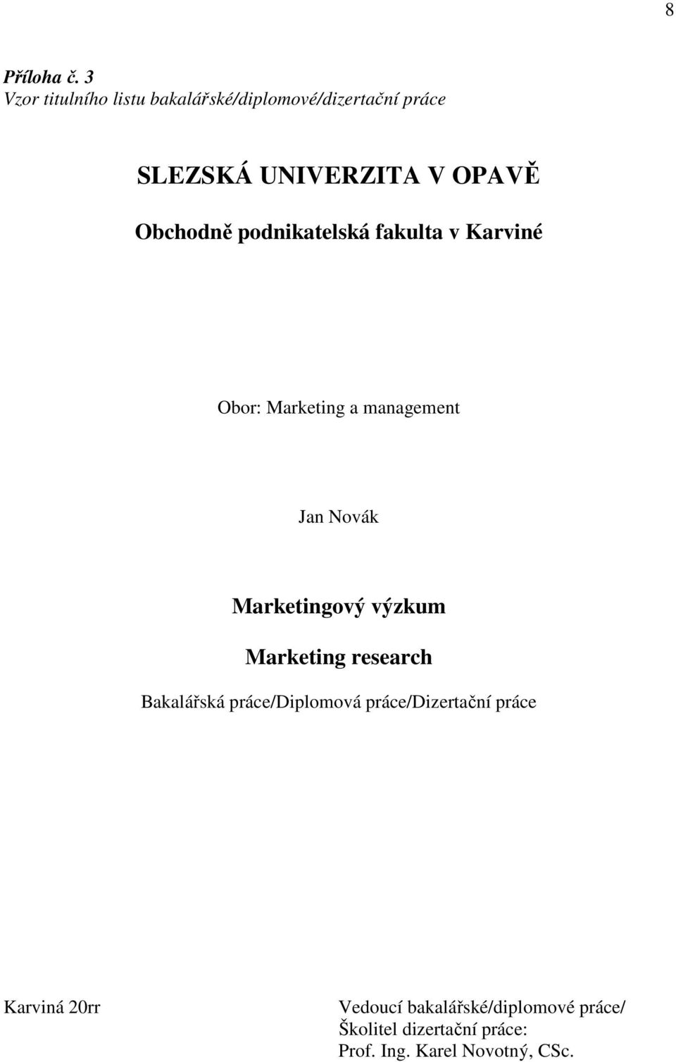 Obchodně podnikatelská fakulta v Karviné Obor: Marketing a management Jan Novák Marketingový