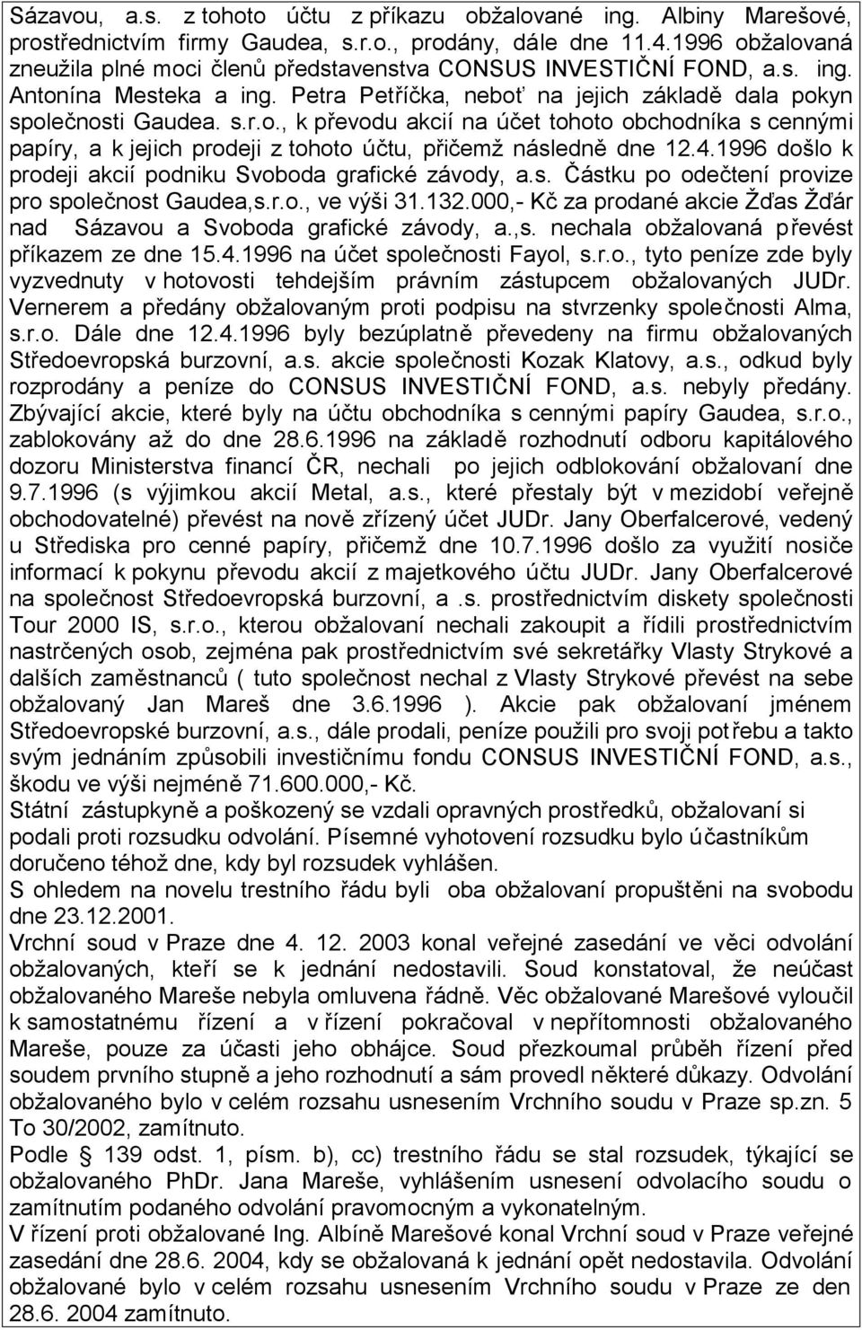 4.1996 došlo k prodeji akcií podniku Svoboda grafické závody, a.s. Částku po odečtení provize pro společnost Gaudea,s.r.o., ve výši 31.132.